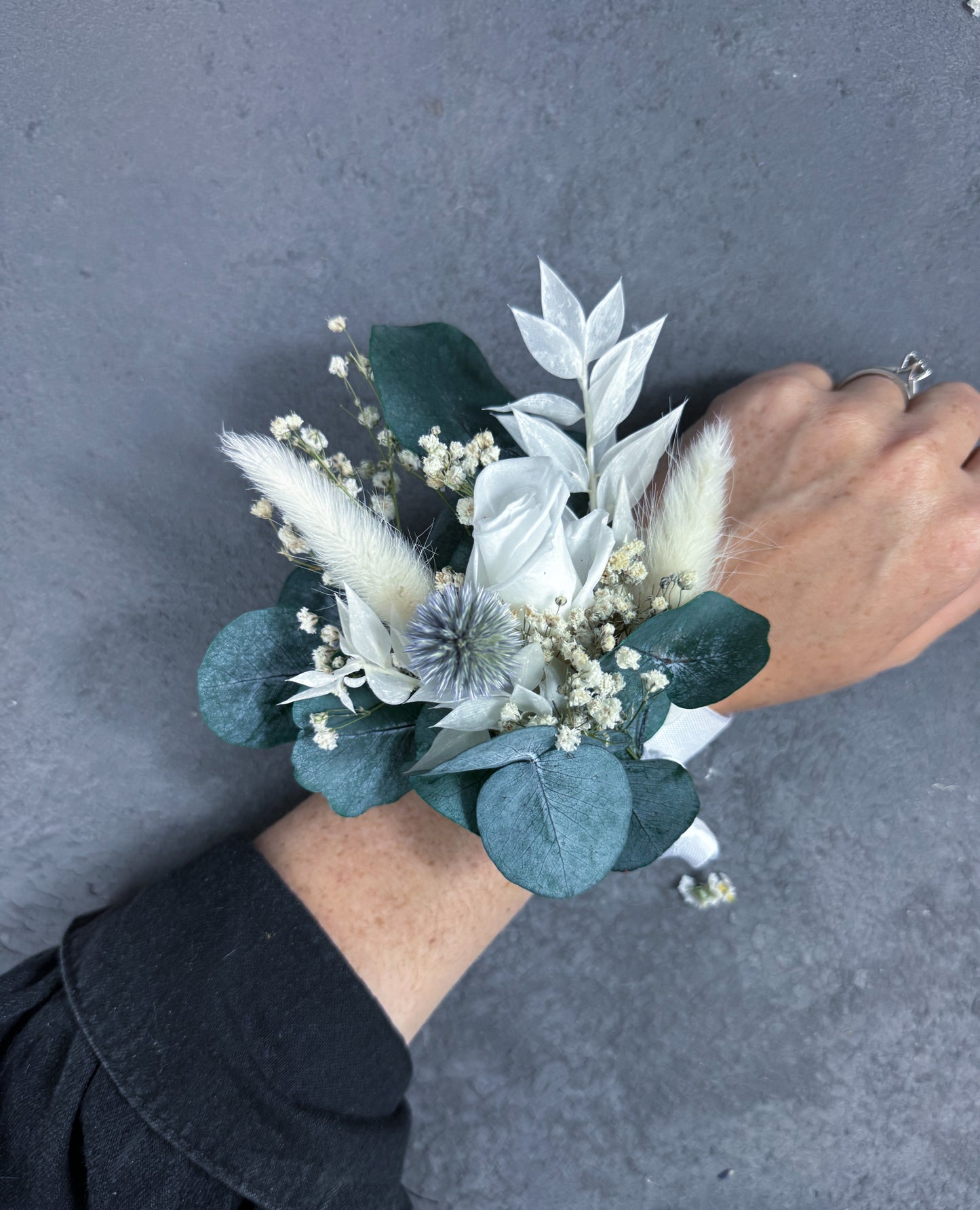 Laurel dried flower wrist corsage