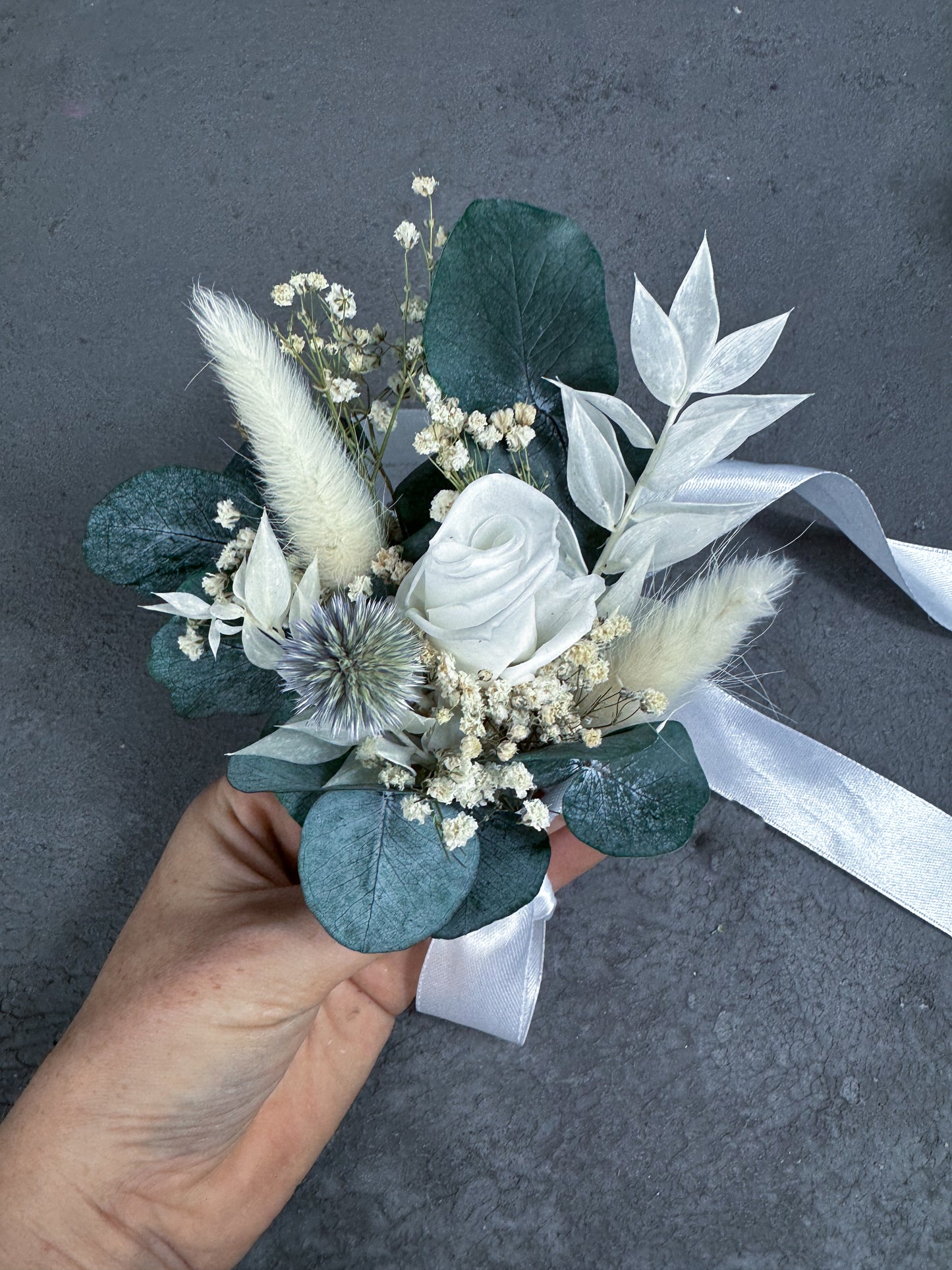 Laurel dried flower wrist corsage